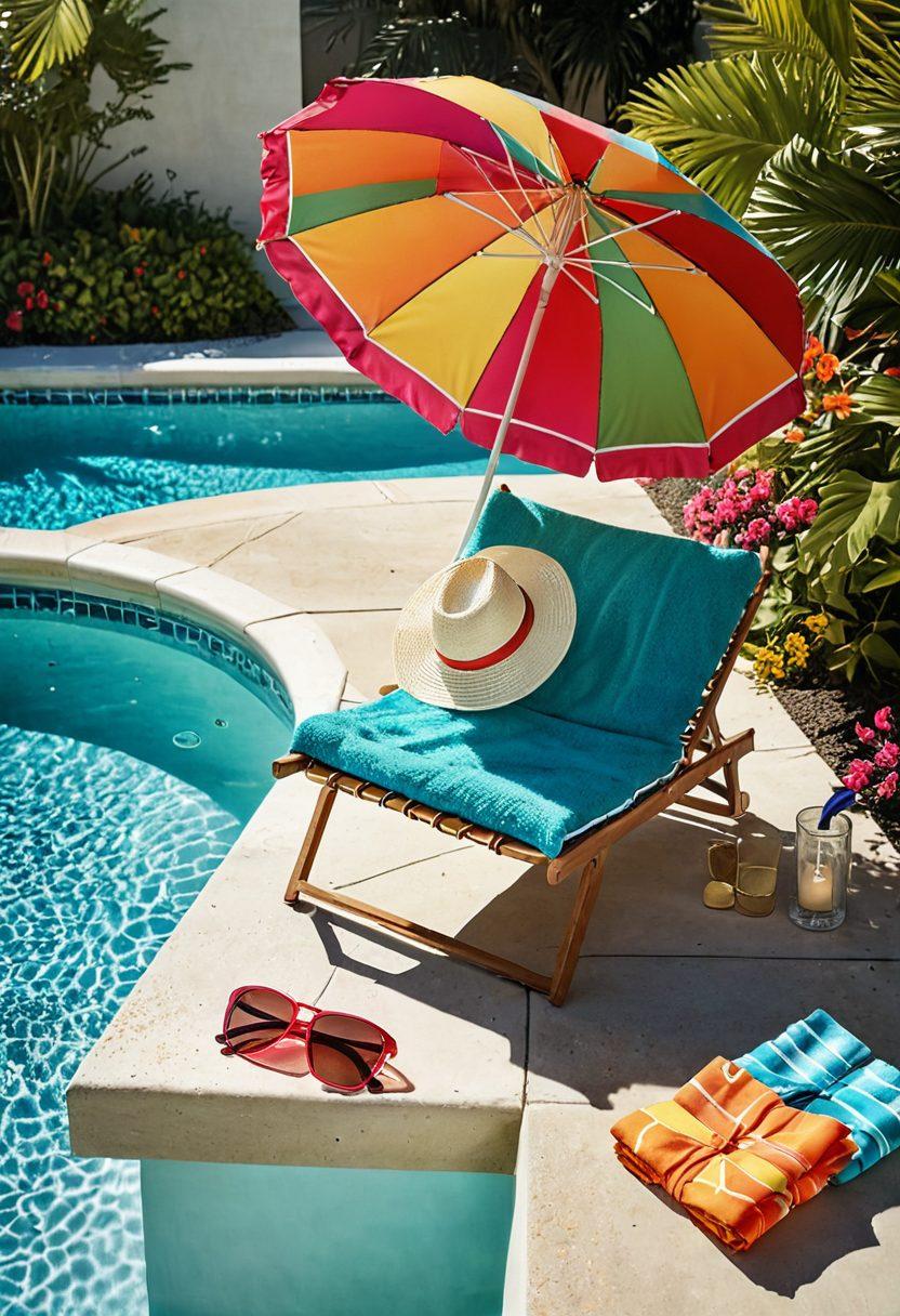 A stylish poolside scene showcasing vibrant swim attire and trendy accessories. Include a chic beach umbrella, colorful towels, fashionable sunglasses, and a stylish hat resting on a lounge chair next to a sparkling turquoise pool. Add splashes of sunlight reflecting off the water for a summery vibe. super-realistic. vibrant colors. sunny ambiance.